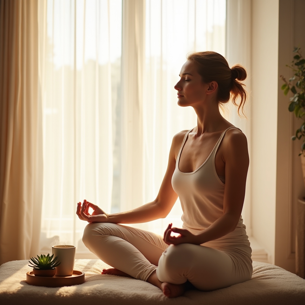 Staršia žena pri rannej meditácii pri okne